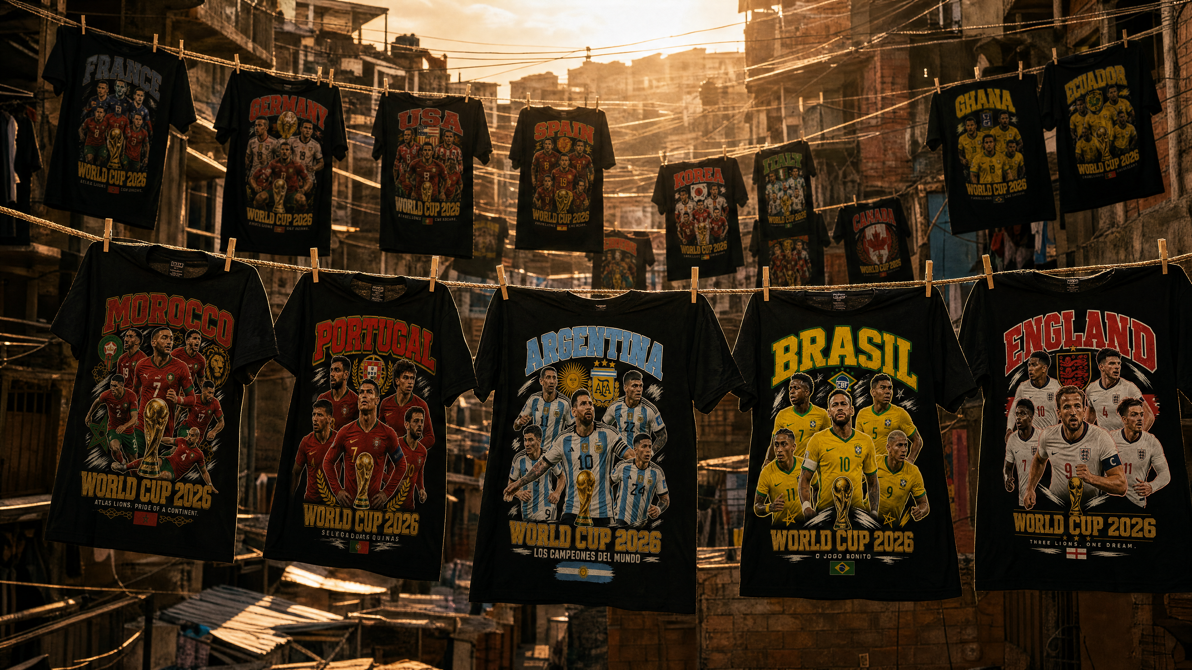 World Cup 2026 graphic tees hanging on a clothesline in a favela at golden hour