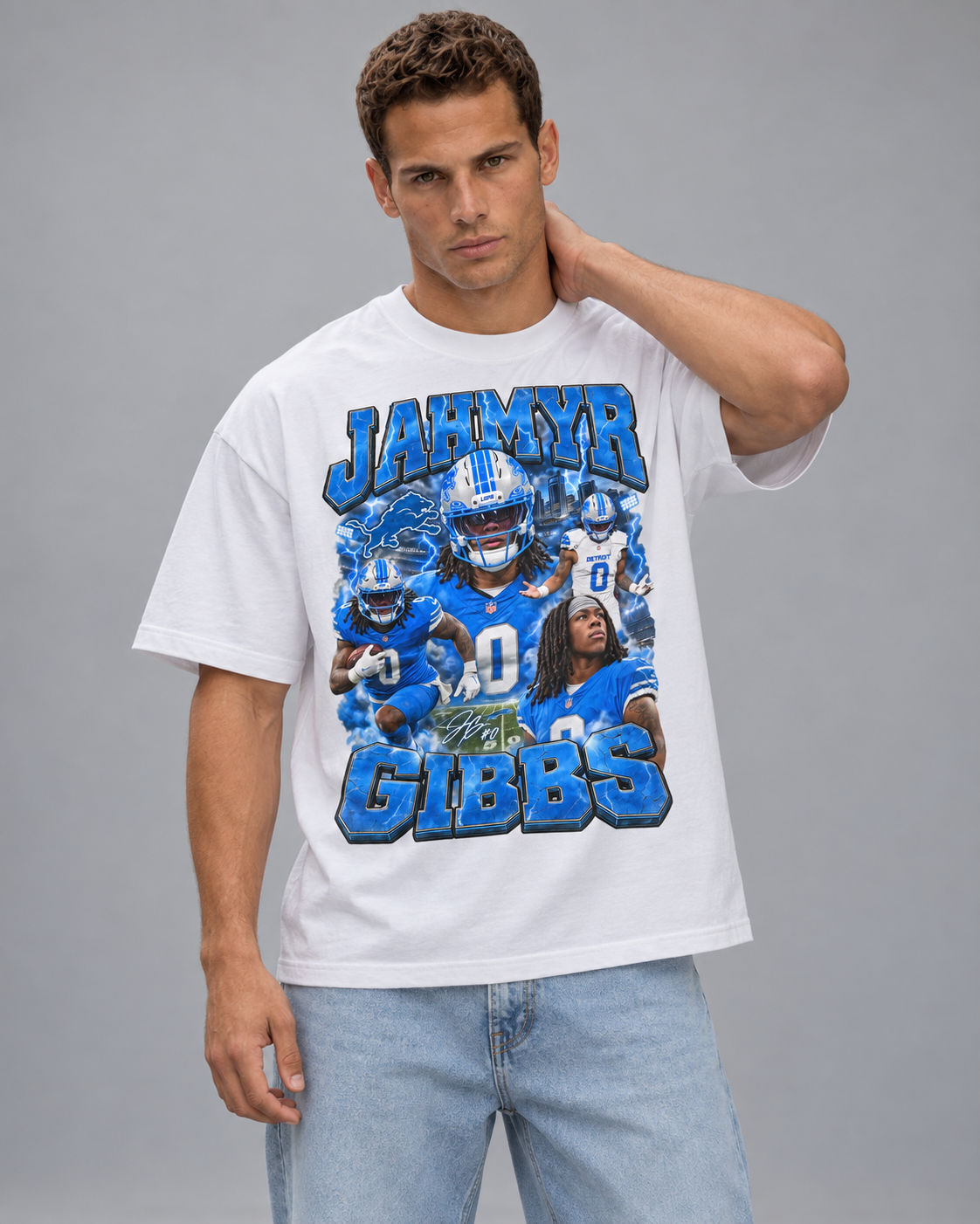 Model wearing a white Jahmyr Gibbs graphic tee