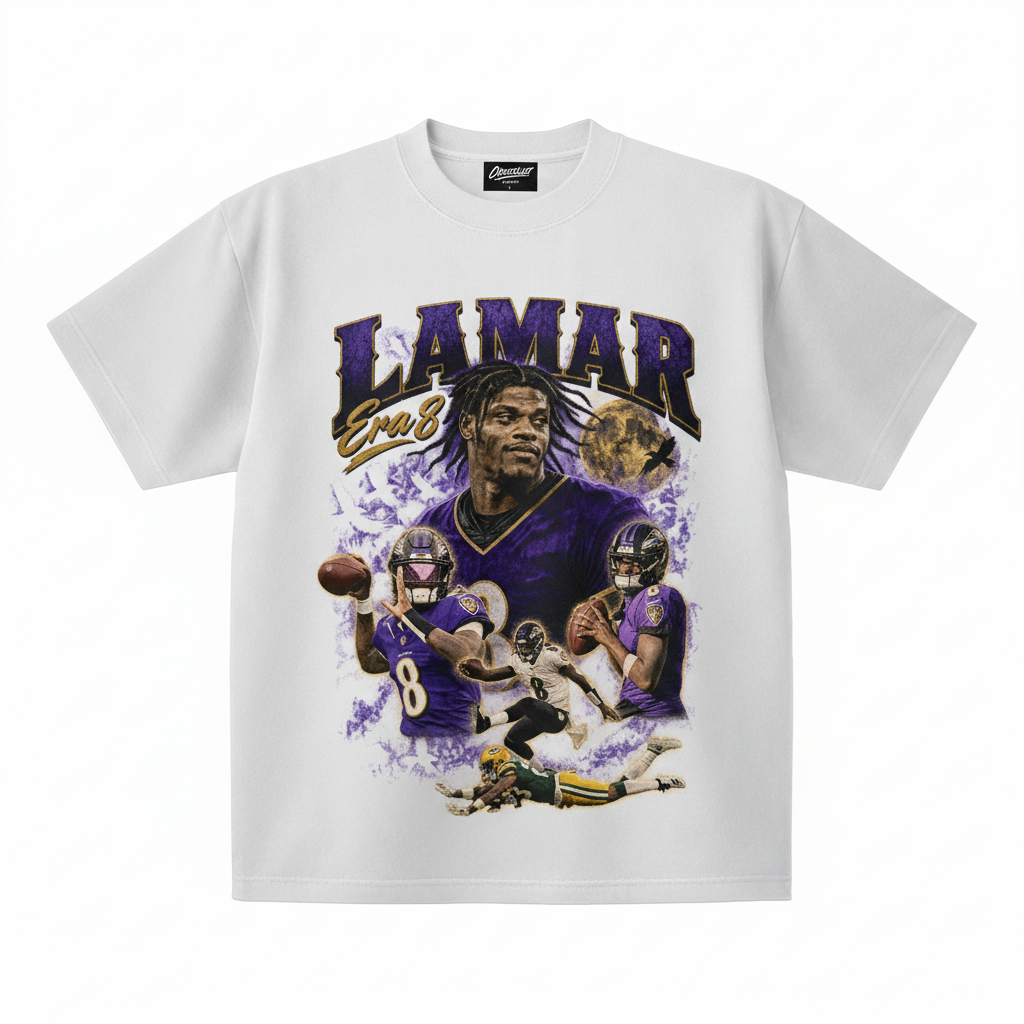 Lamar Ravens design on the white Checklist Apparel tee